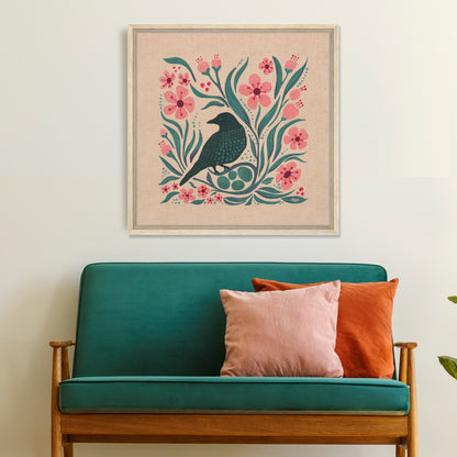 Blue Bird Fly Framed Canvas Print | Cherry Blossoms and Black Bird Nest | Spring Blooms | Folk Art