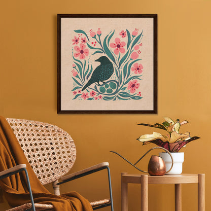 Blue Bird Fly Framed Canvas Print | Cherry Blossoms and Black Bird Nest | Spring Blooms | Folk Art