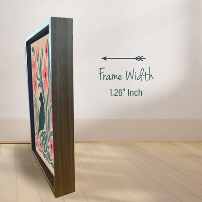 Blue Bird Fly Framed Canvas Print | Cherry Blossoms and Black Bird Nest | Spring Blooms | Folk Art