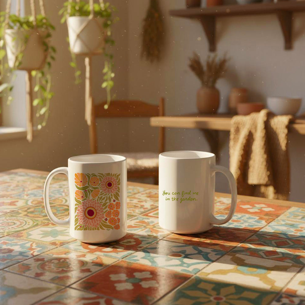Folk Art Garden Mug with Daisies & Ladybugs | “You can find me in the garden.”