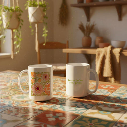 Folk Art Garden Mug with Daisies & Ladybugs | “You can find me in the garden.”