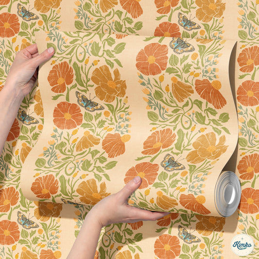 Butterfly & Poppy Garden | Cottagecore Retro 70s Inspired Wallpaper