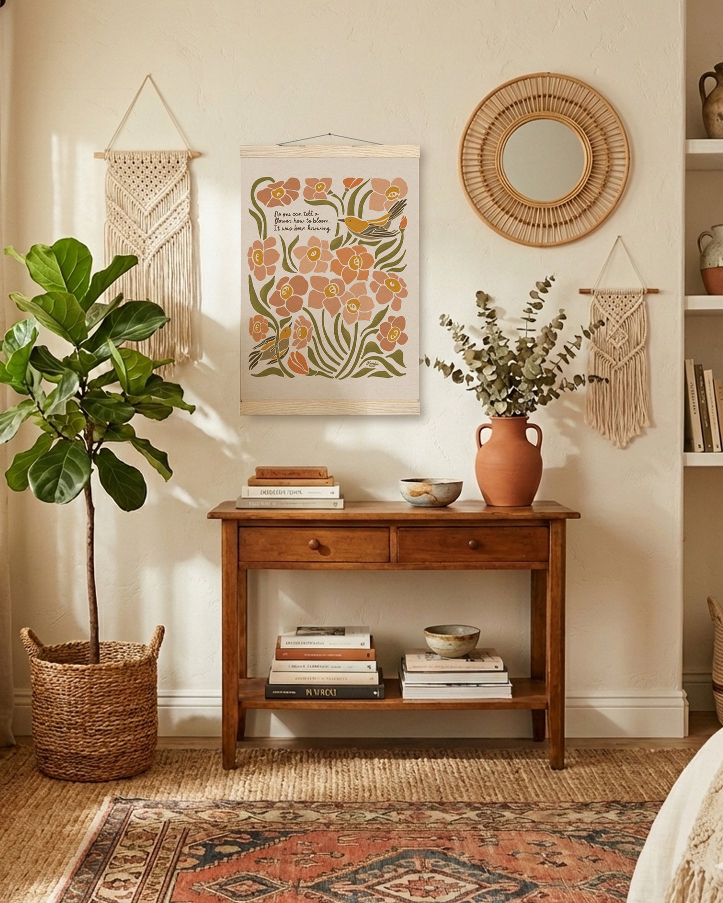 "You can't tell a flower how to bloom. it was born knowing." | Daffodils & Goldfinch | Wooden Hanger