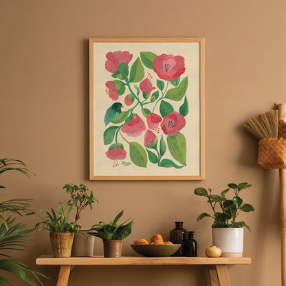 "Birdsong" | Camellias & Bluebird | Botanical Art Print