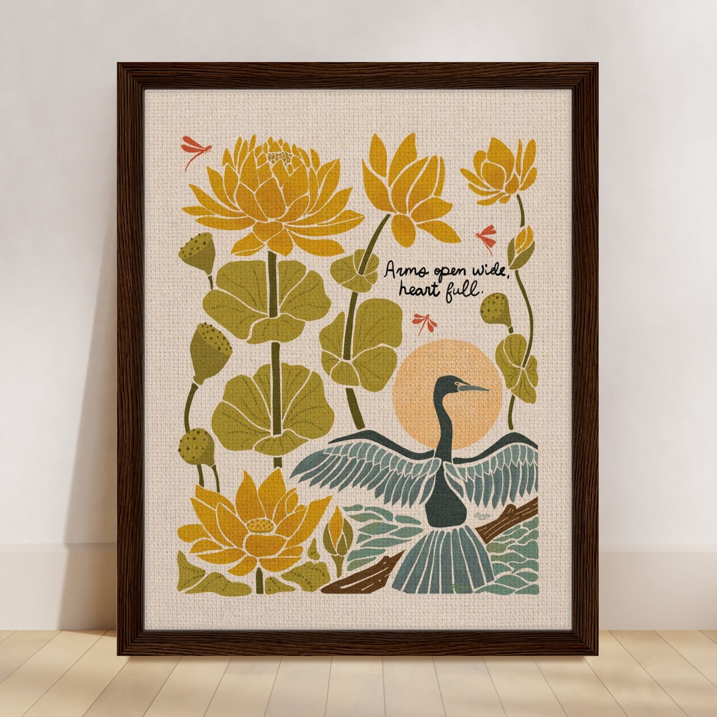 "Arms Wide Open, Heart Full." | Bird & Lotus Flower Botanical Framed Wall Art