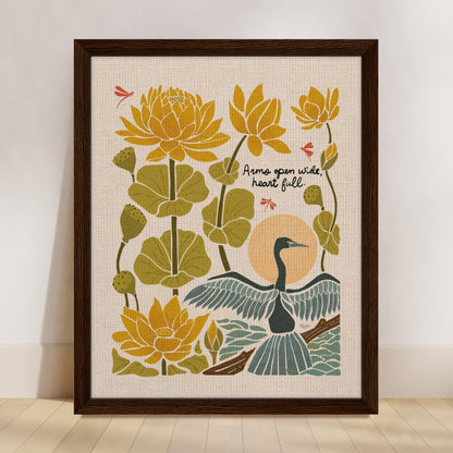 "Arms Wide Open, Heart Full." | Bird & Lotus Flower Botanical Framed Wall Art