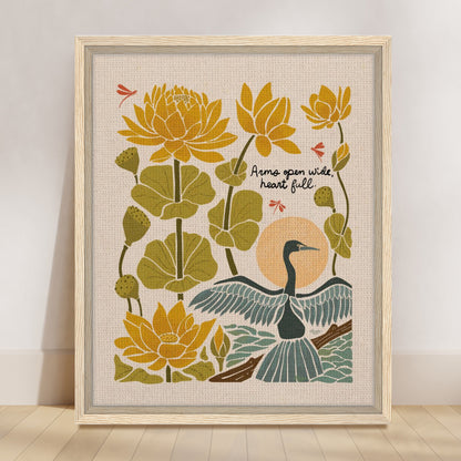 "Arms Wide Open, Heart Full." | Bird & Lotus Flower Botanical Framed Wall Art
