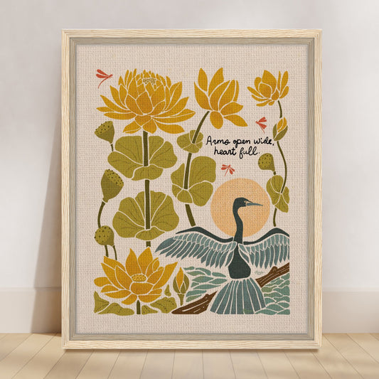 "Arms Wide Open, Heart Full." | Bird & Lotus Flower Botanical Framed Wall Art