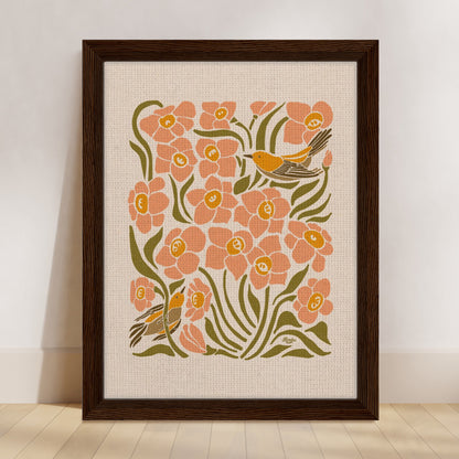 Botanical Daffodils and Goldfinch Birds | Framed Canvas Print