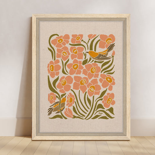 Botanical Dahlias and Goldfinch Print | Framed Canvas Wall Art