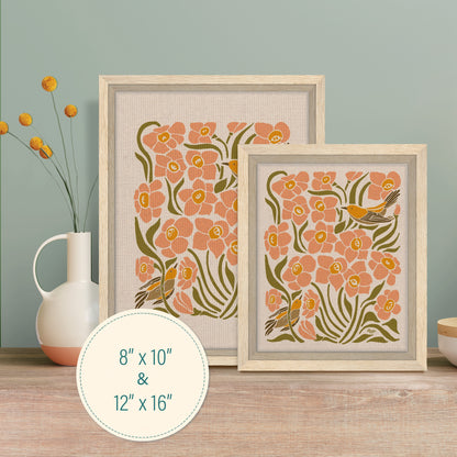 Botanical Daffodils and Goldfinch Birds | Framed Canvas Print