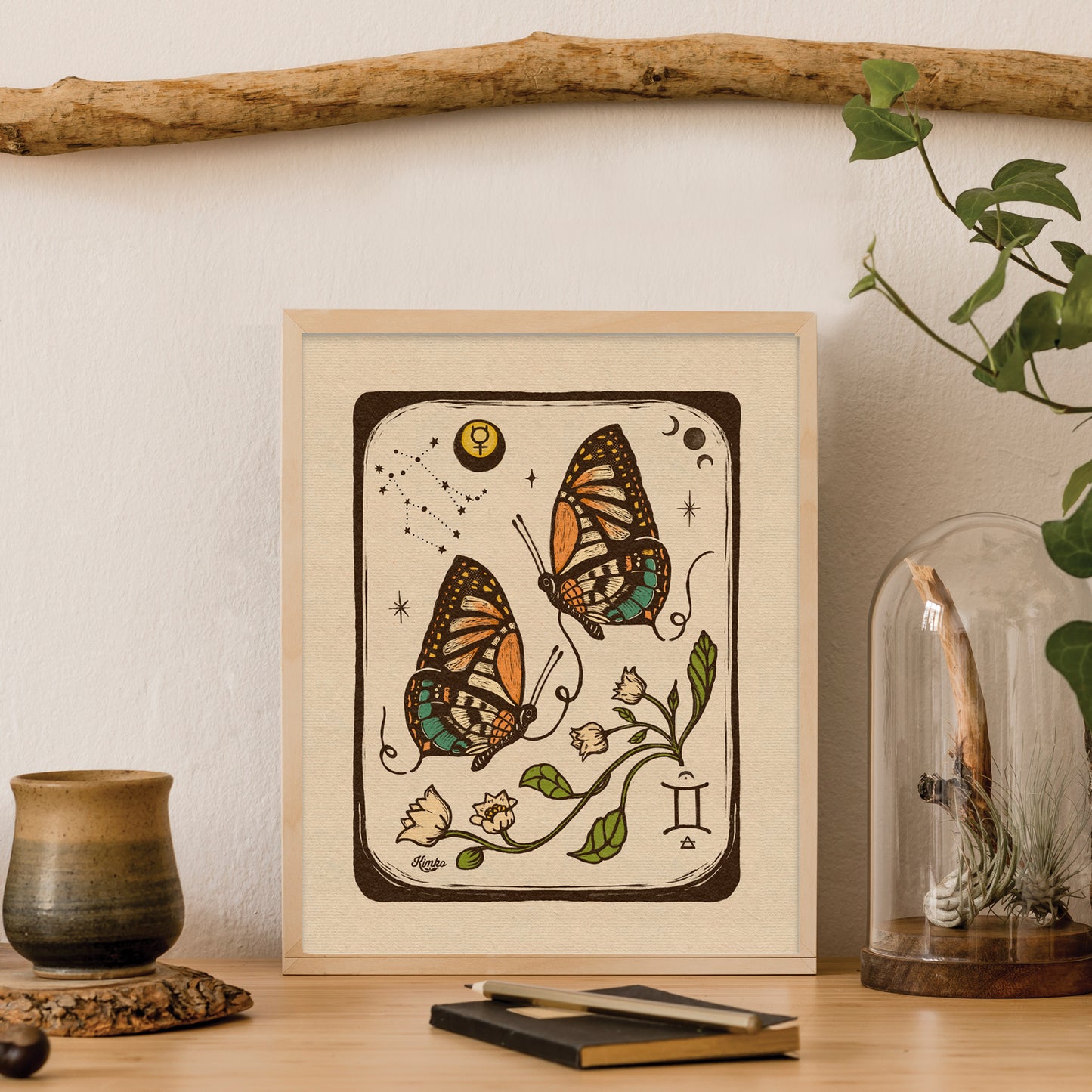 Gemini Twin Butterfly Folk  Art | Art Print