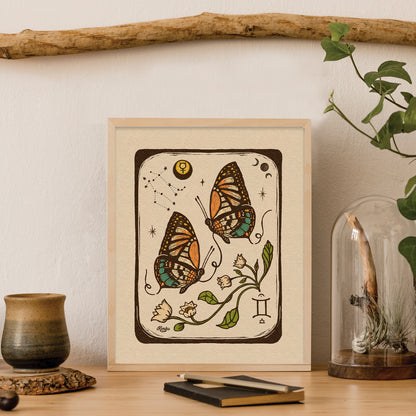 Gemini Twin Butterfly Folk  Art | Art Print