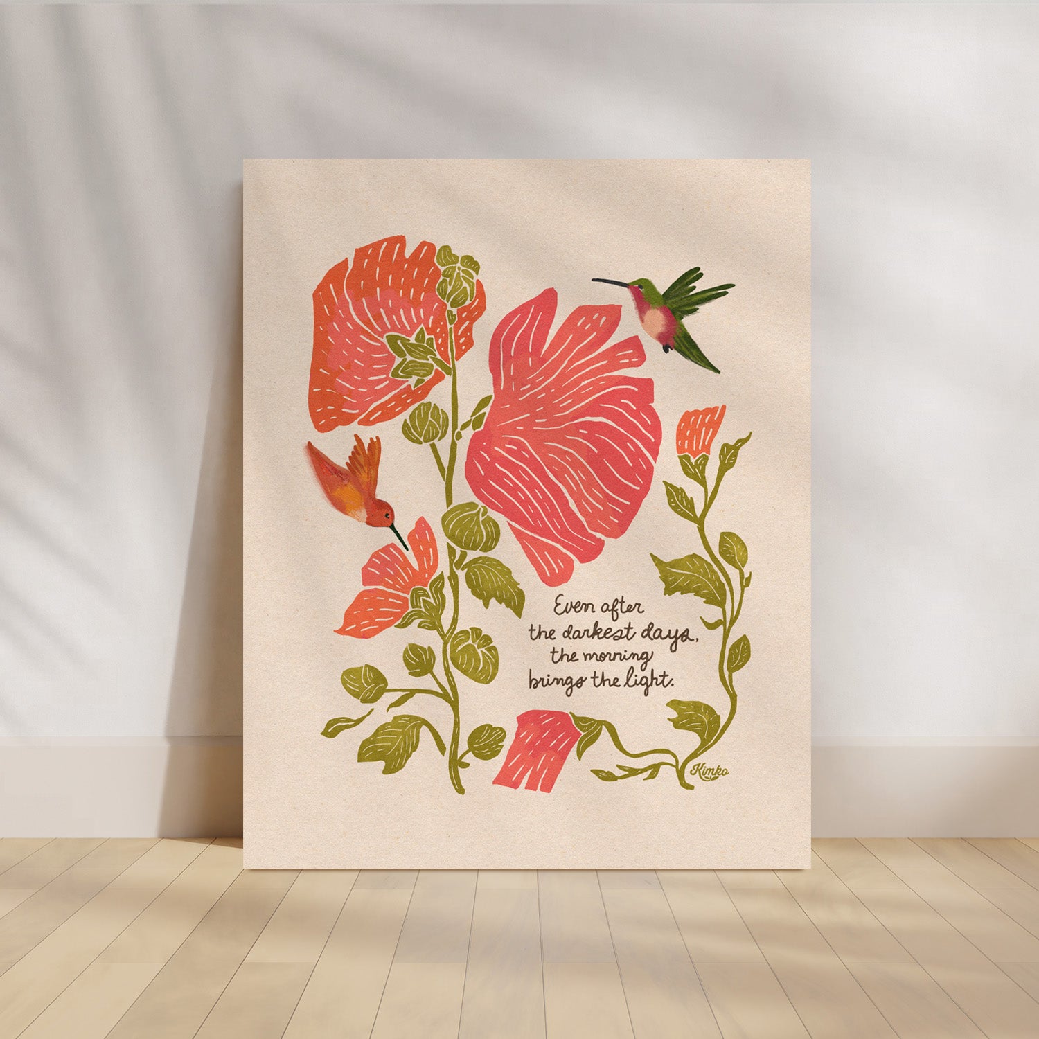 hummingbird and hollyhock botanical art print by kimko