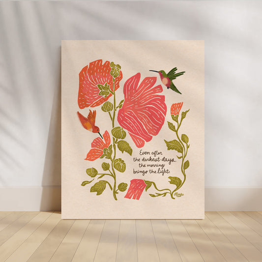 hummingbird and hollyhock botanical art print by kimko