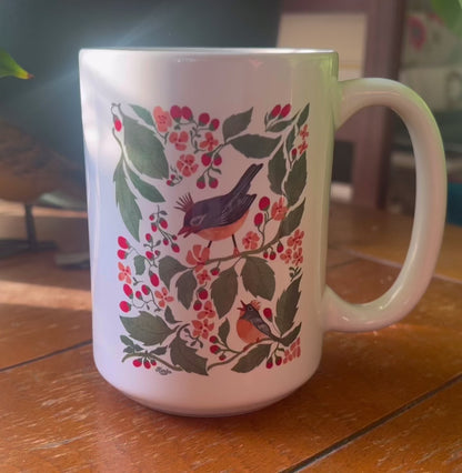 Modern Folk Art Mug with Crowned Bluebirds