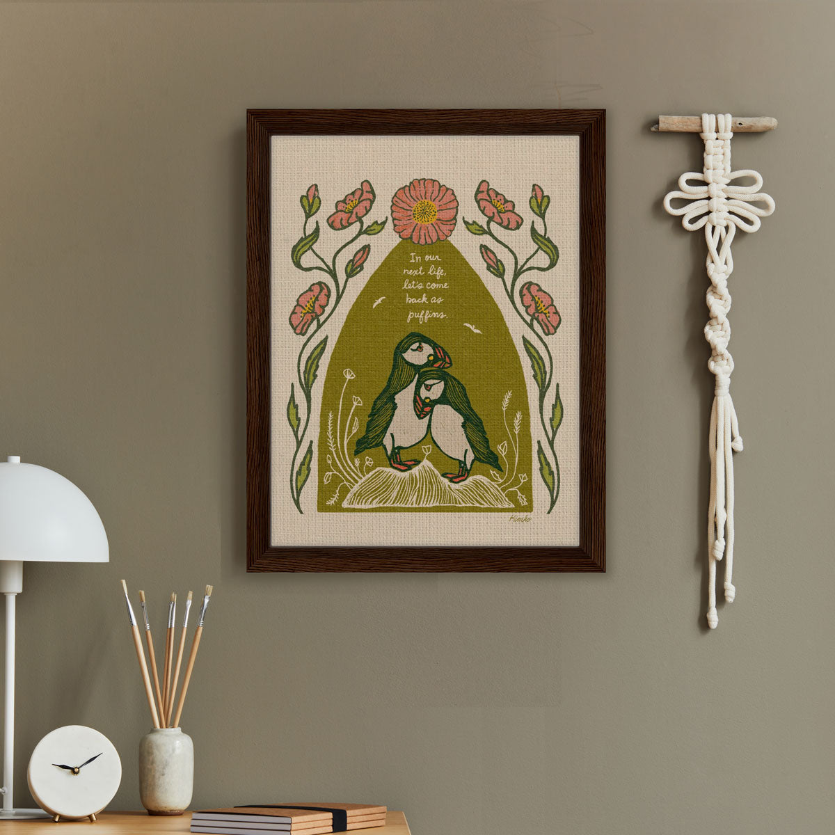 The Puffins & The Poppies | Framed Canvas Print