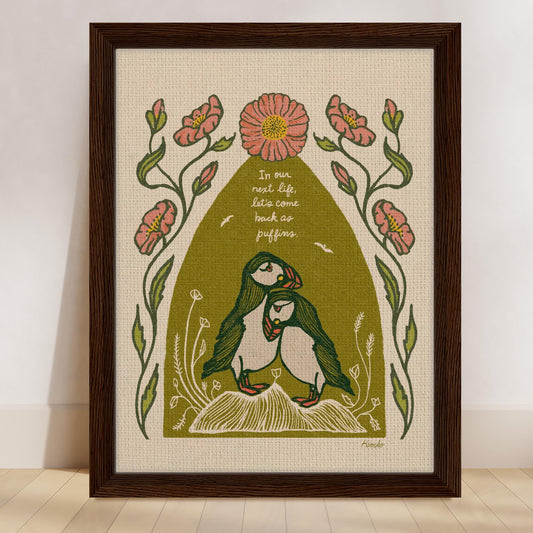 The Puffins & The Poppies | Framed Canvas Print