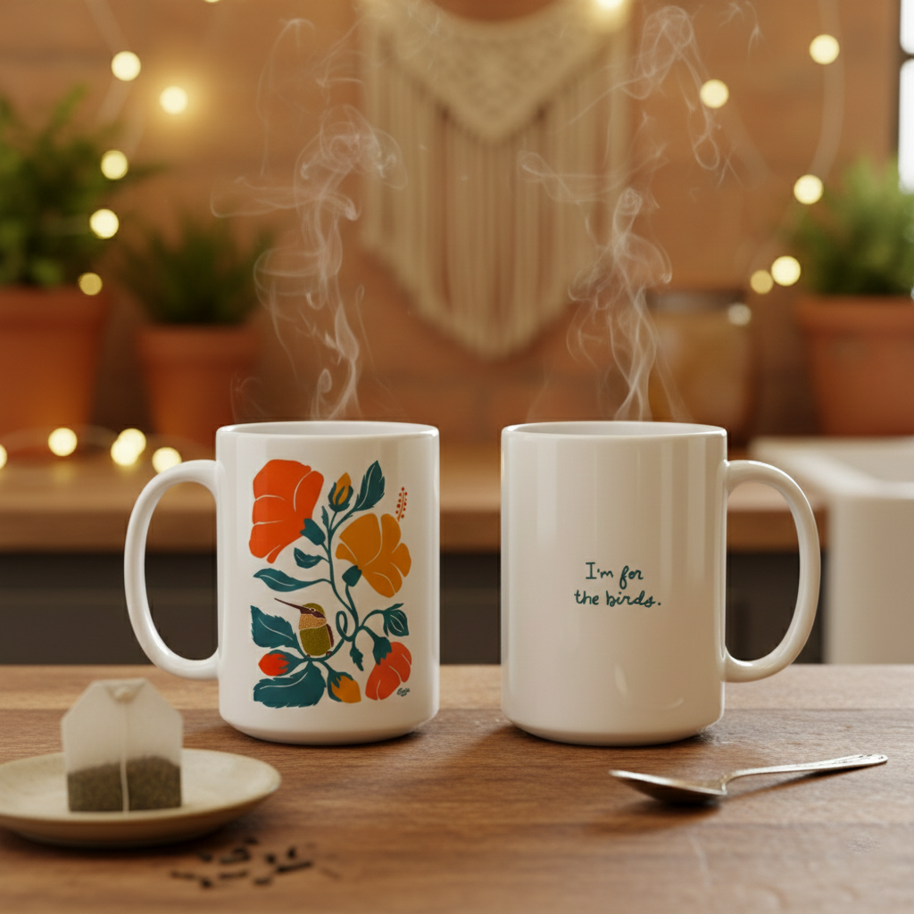 Vibrant Folk Art Mug with Hibiscus Flower Design | “I’m for the birds.”