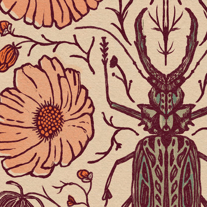 Vintage Botanical Beetle Print | Folk Art