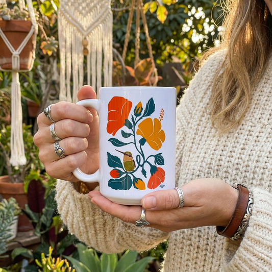 Vibrant Folk Art Mug with Hibiscus Flower Design | “I’m for the birds.”